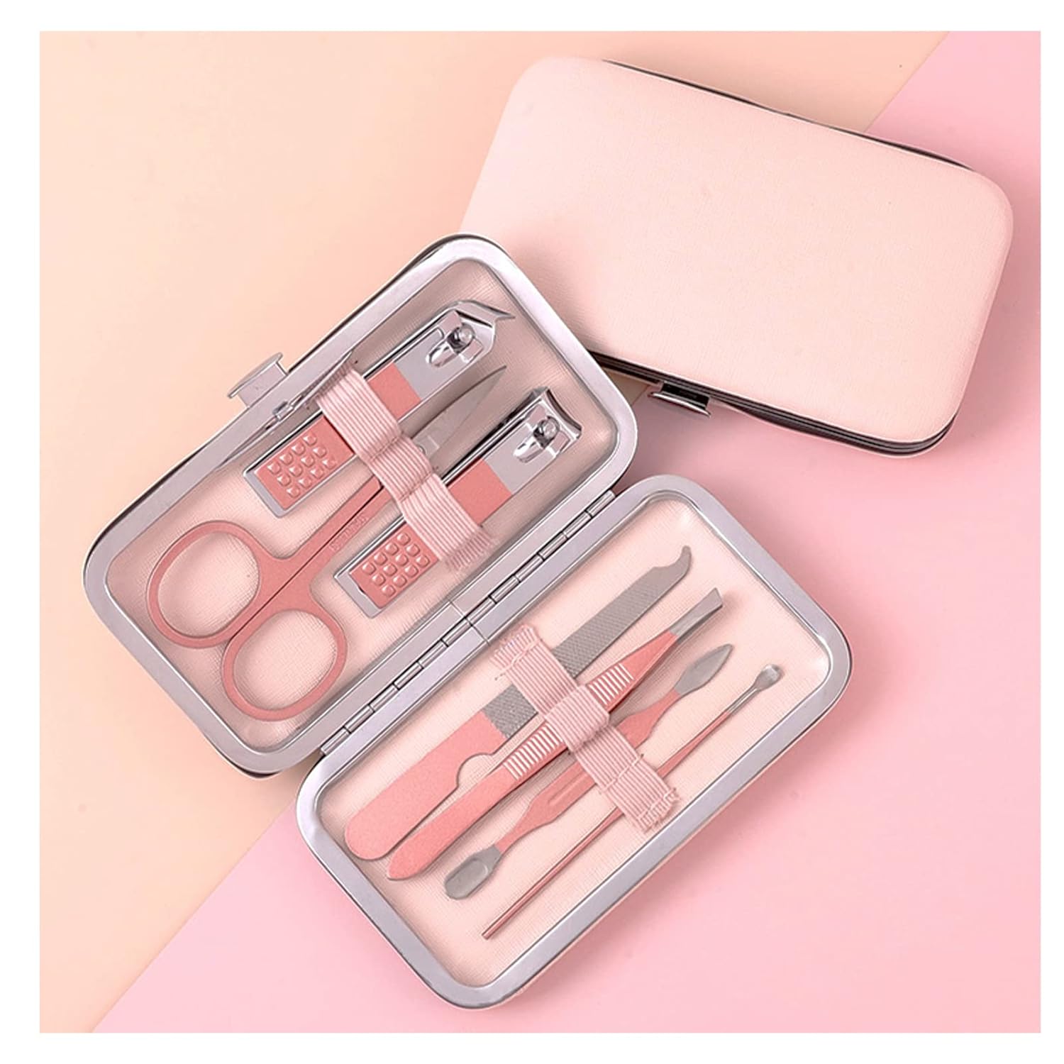 Pink Manicure Set Beauty Tool Portable - Nail Clipper Pedicure Grooming Kit Stainless Steel 7 in 1 Luxury Leather Travel Case, for Woman Girl Home Travel Gift Giving