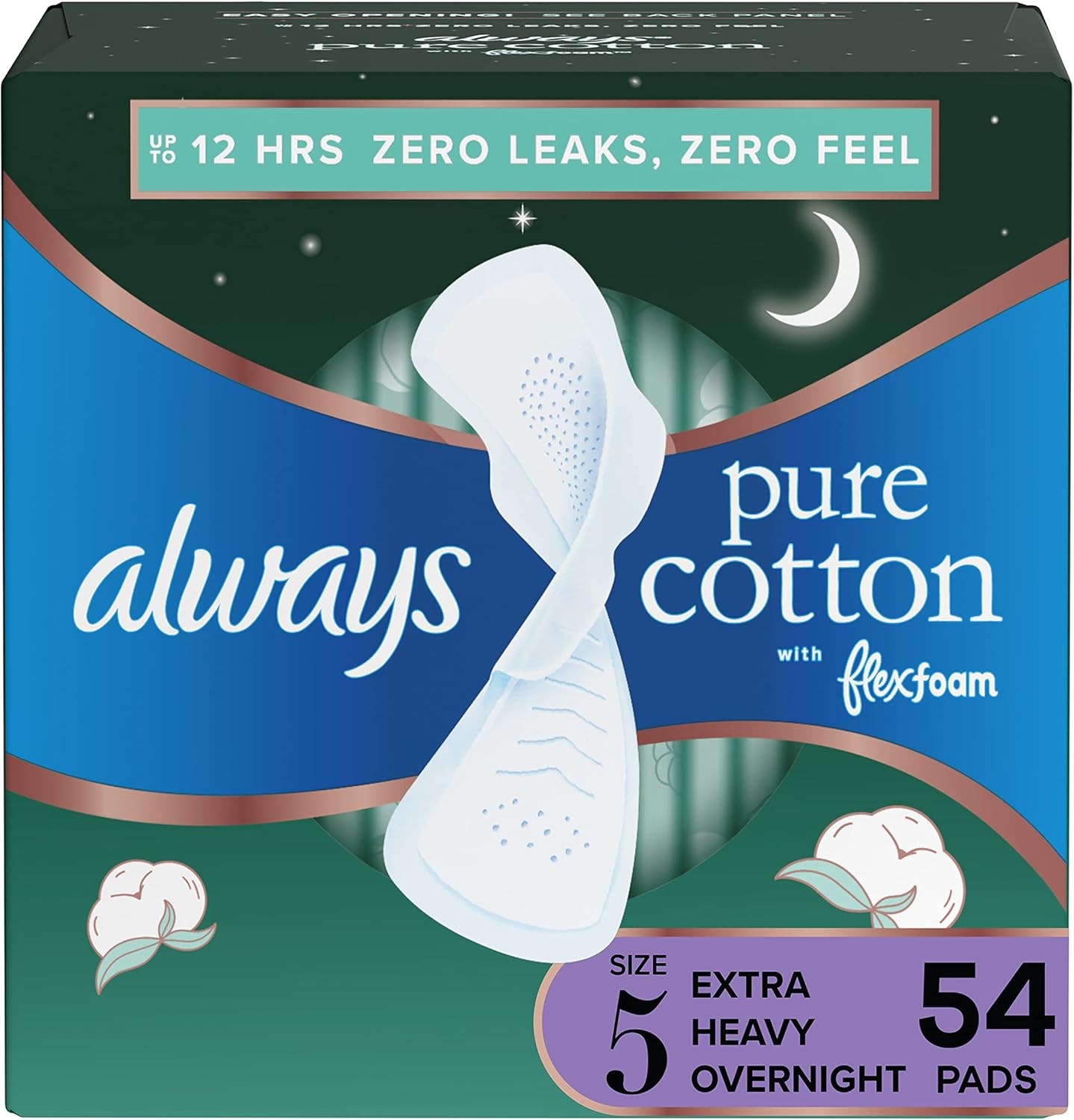 Always Pure Cotton Feminine Pads for Women, FlexFoam Pads with Wings, Size 5, Extra Heavy Overnight Absorbency, Unscented, 54 Count (3 Packs of 18)