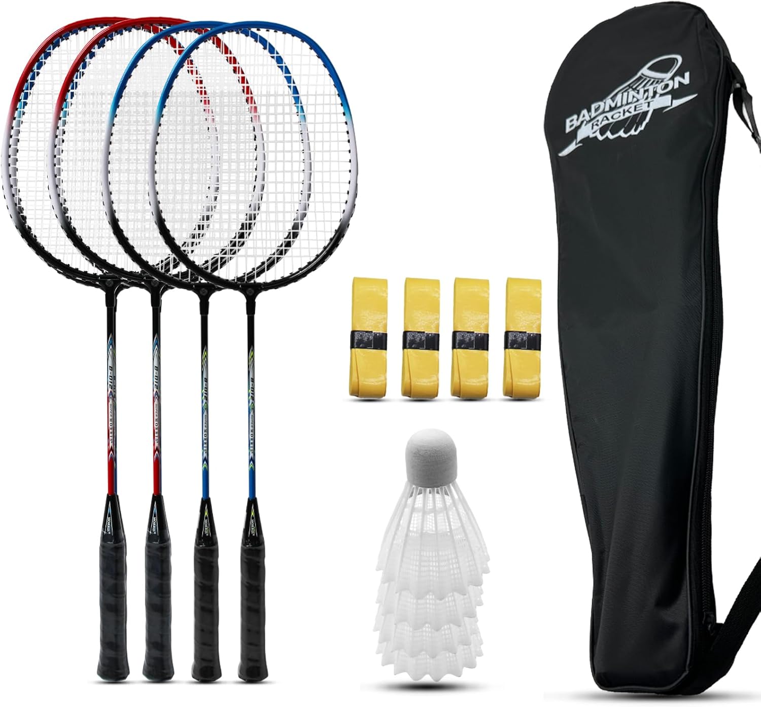 Magicorange Badminton Rackets Set of 4 for Outdoor Backyard Games, Including 4 Racquets,4 Shuttlecocks, 4 Replacement Grip Tapes & 1 Carry Bag