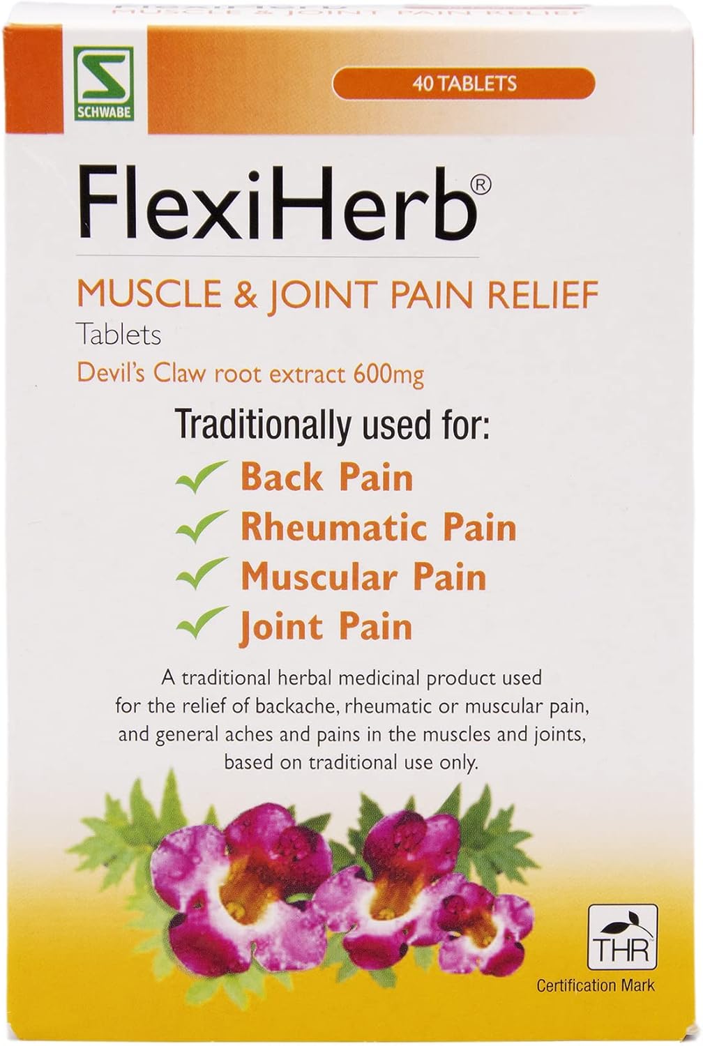 Schwabe Pharma - FlexiHerb Muscle and Joint Pain Relief - Devils Claw Root Extract 600mg - Traditionally Used for Backache, Rheumatic Pain, Muscular Pain, Joint Pain - 40 Tablets