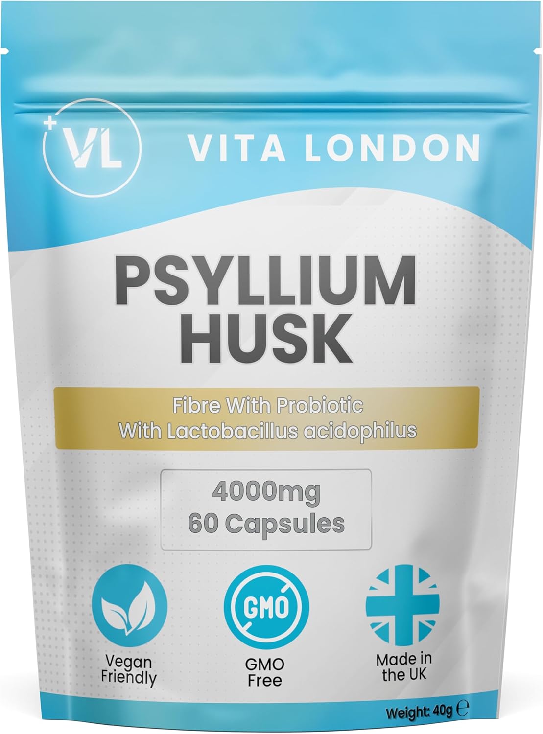 Psyllium Husk Capsules 4000mg | Fibre Supplement with Acidophilus Probiotic | 60 Capsule for Men & Women (Not Powder or Tablets) | Vegan, UK Made