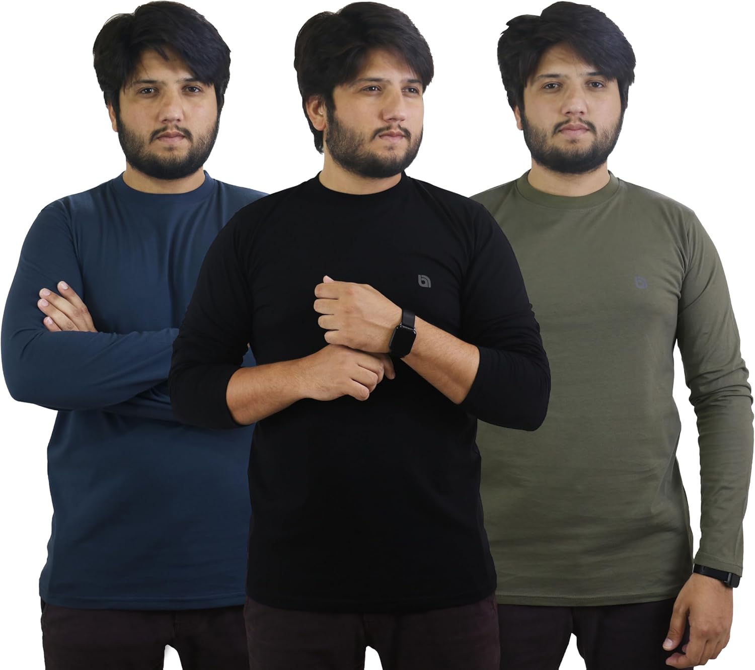Bahob® 3 Pack Men's Long-Sleeved T-Shirt Round Neck T-Shirts Comfortable Crewneck Neck Tops for Men Soft Cotton S-3XL