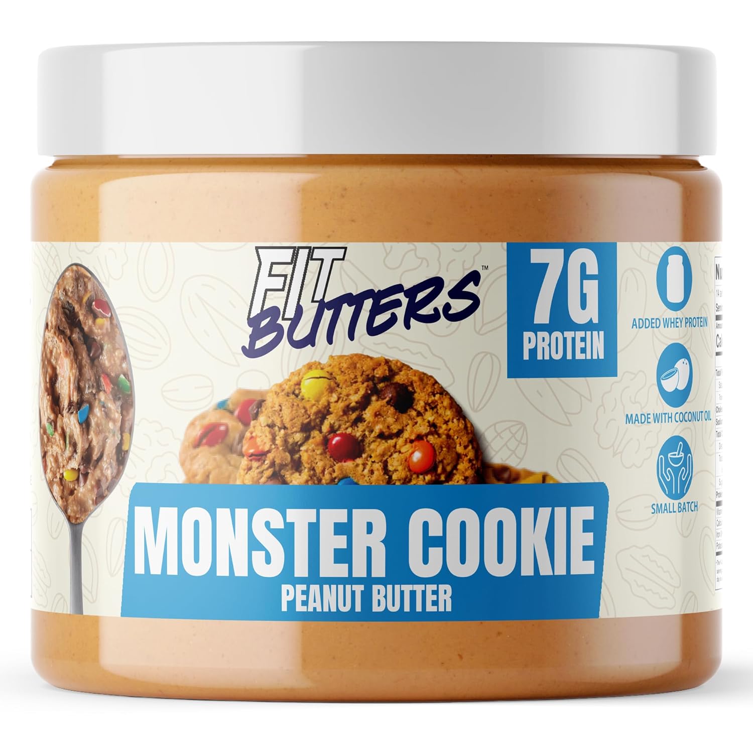 Fit Butters Monster Cookie Peanut Butter Spread - Added Protein and Coconut Oil, Low Carb, Low Sugar, Complete Protein Dessert Flavored Nut Butter
