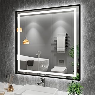 Amorho 32"x 32" LED Bathroom Mirror with Black Frame, Front Light and Backlit, Stepless Dimmable, Anti-Fog, Shatter-Proof, Memory, 3 Colors, Double LED Vanity Mirror