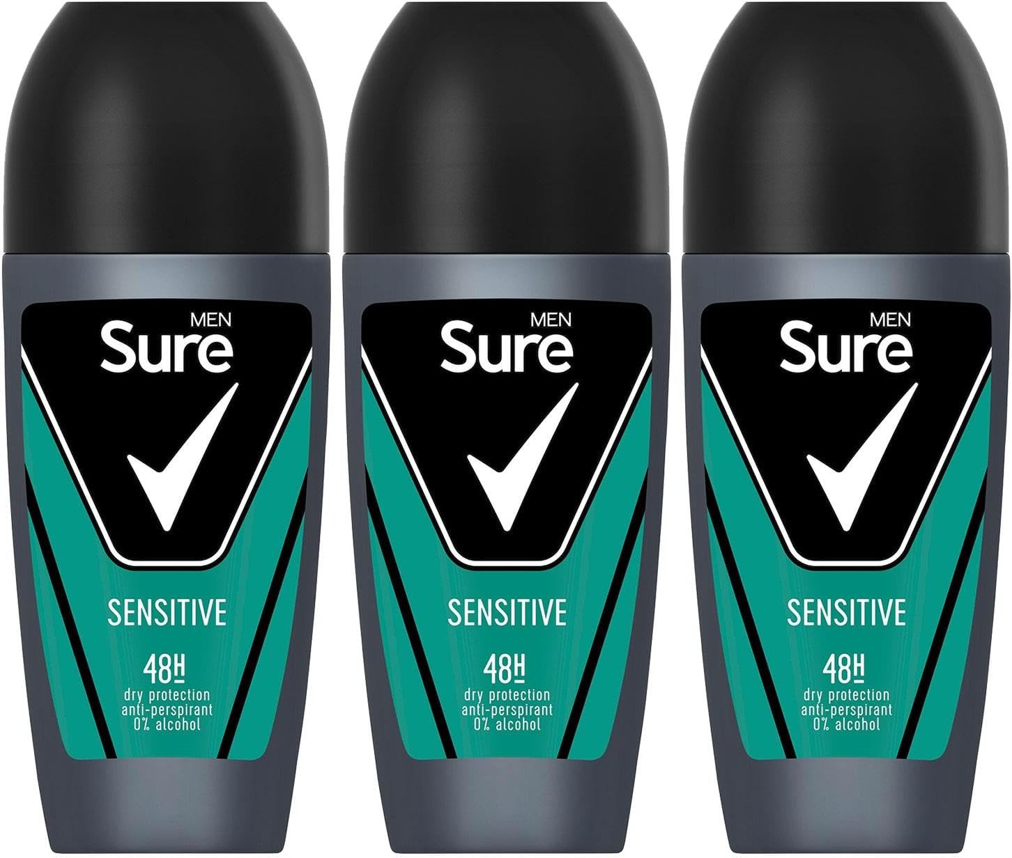 Sure Antiperspirant Roll On Sensitive 48H Sweat and Odour Protection Roll On with Sandalwood, Patchouli and Vanilla Fragrance Deodorant for Men, 50ml Pack of 3