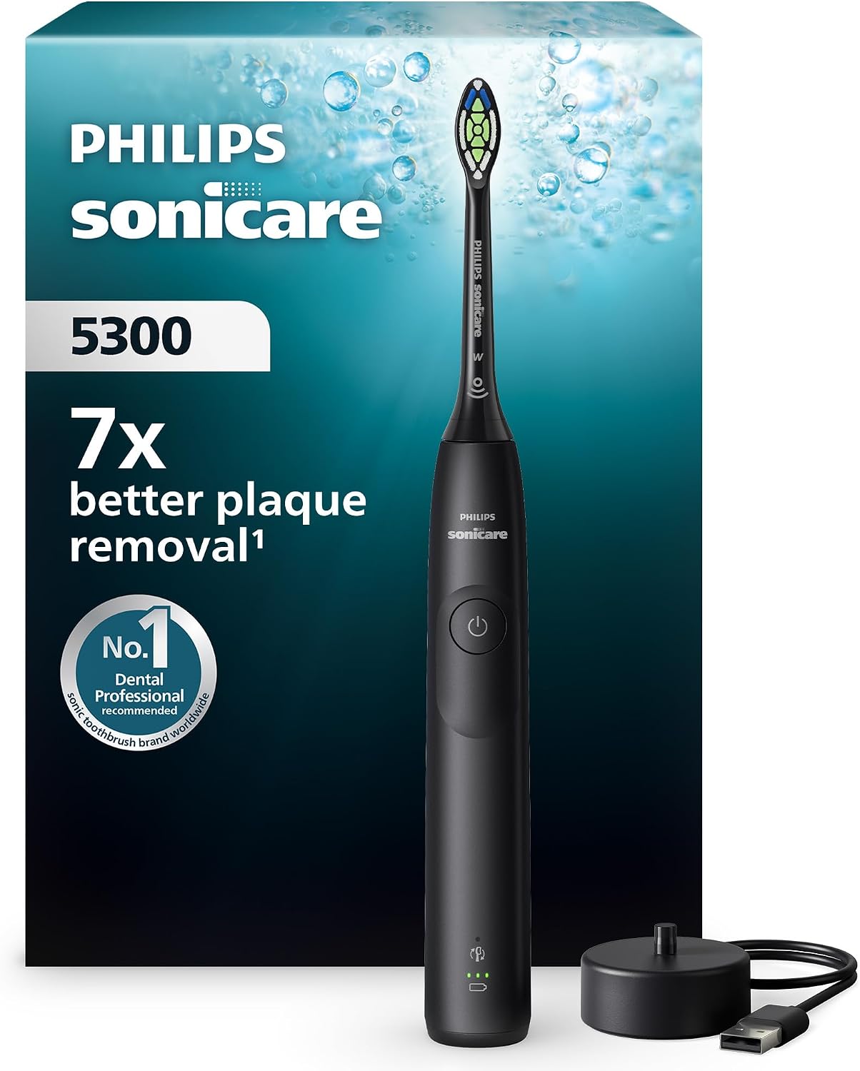 Philips Sonicare 5300 Electric Toothbrush, Sonic Toothbrush with 2 Intensity Levels, Pressure Alert, EasyStart, SmarTimer and BrushPacer, Black, Model HX7101/01 [New Technology]