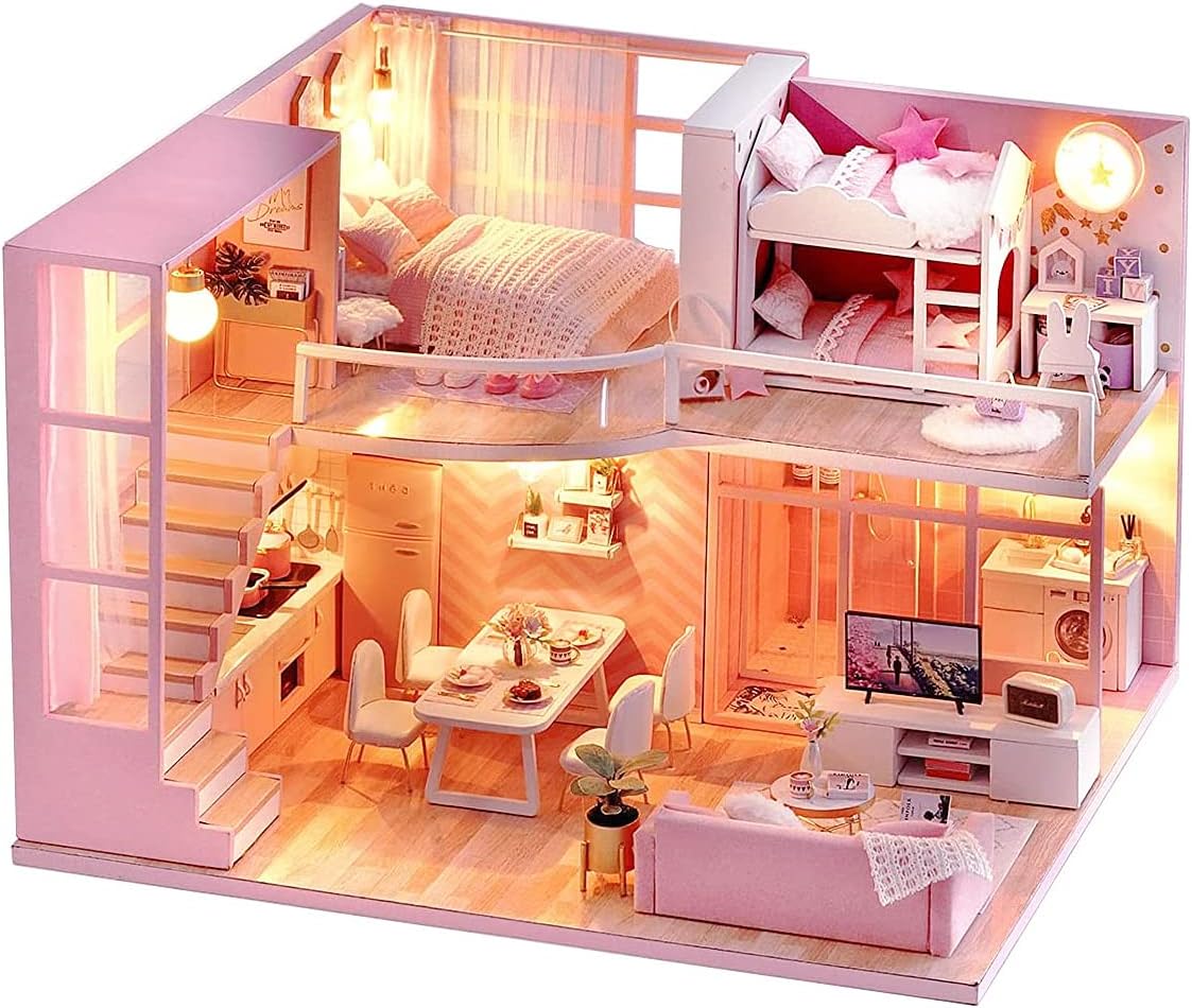 TuKIIE DIY Miniature Dollhouse Kit with Furniture, 1:24 Scale Creative Room Mini Wooden Doll House Accessories Plus Dust Proof & Music Movement for Kids Teens Adults(Dream Angels)