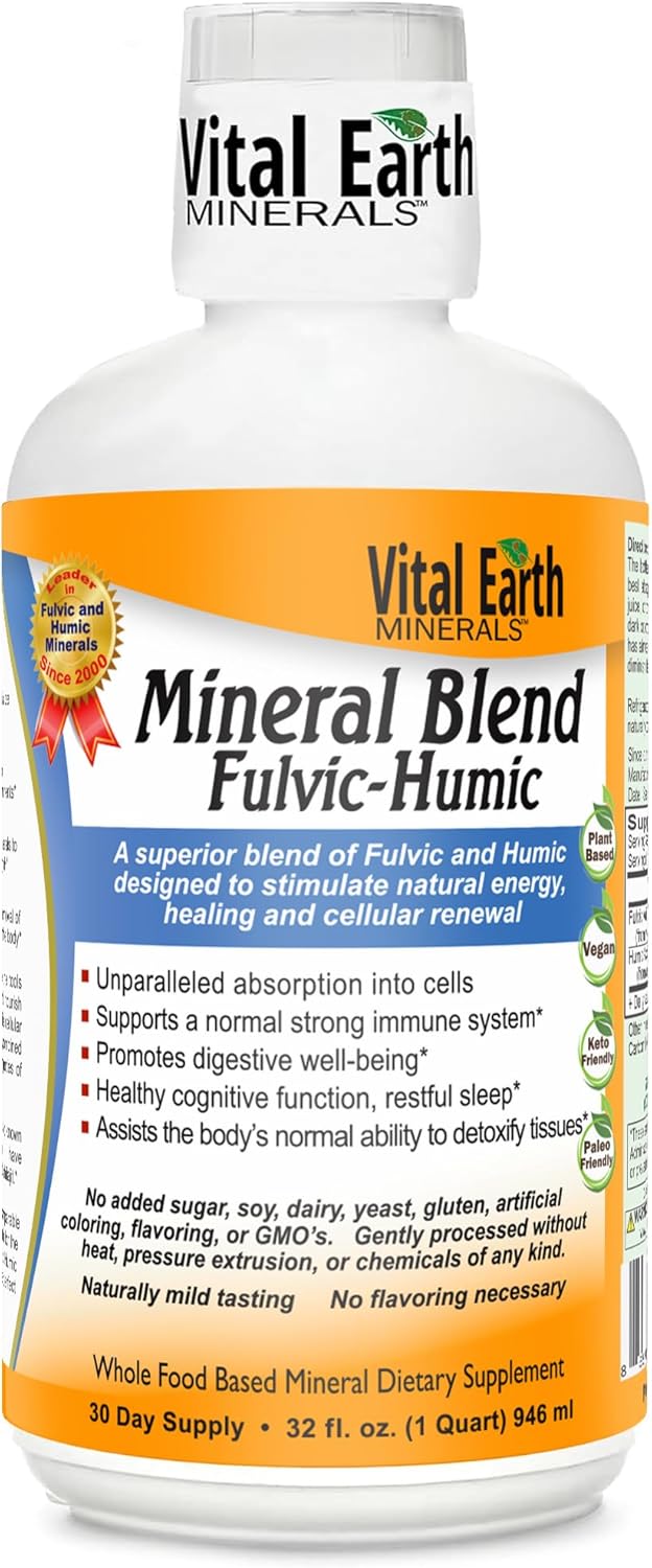 Vital Earth Minerals Fulvic Humic Mineral Blend Liquid – Fulvic Acid Supplement with 70+ Trace Minerals, Electrolytes for Recovery, Balance & Energy, 32 Oz + 1 Oz Cup