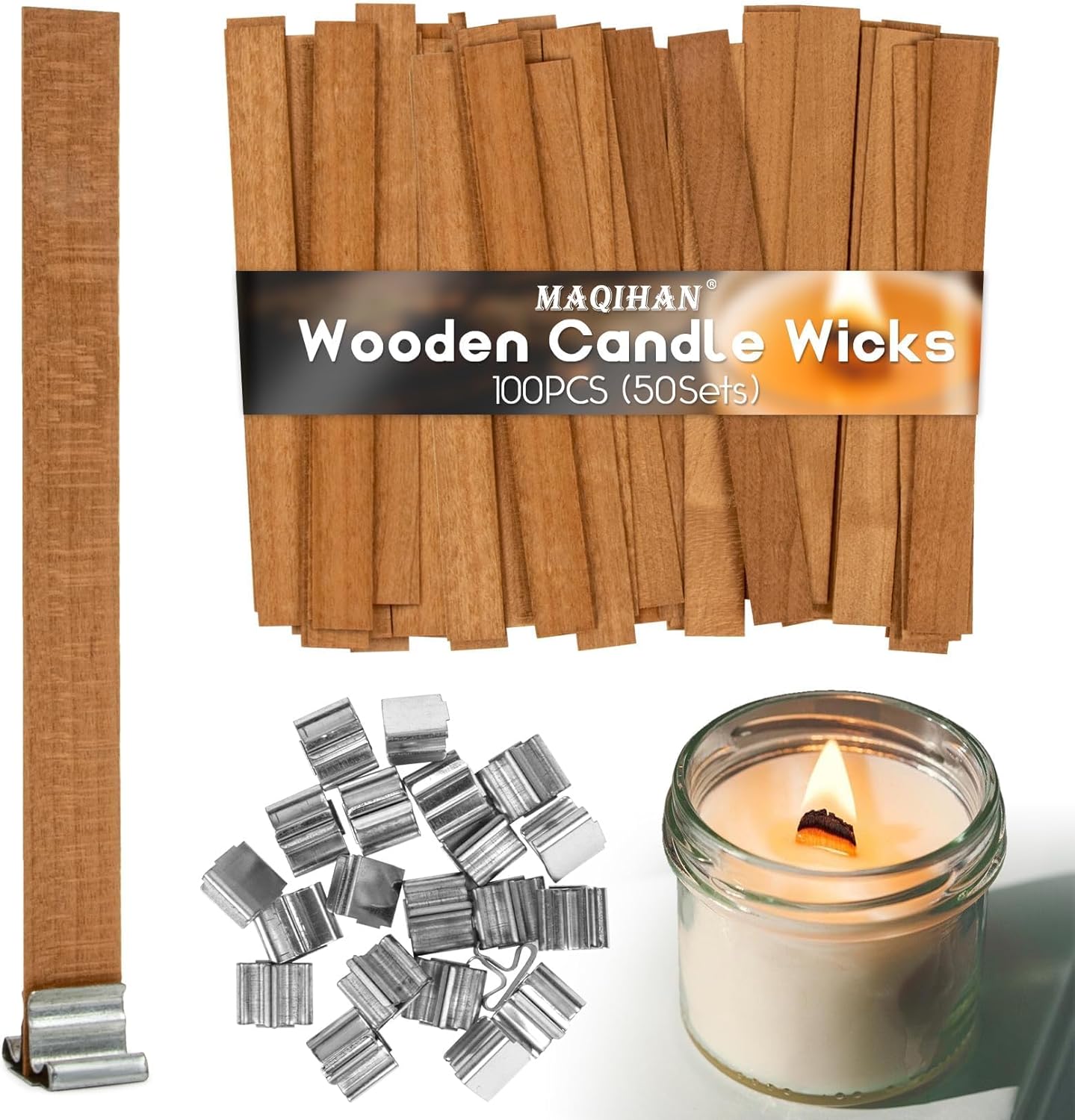 MAQIHAN 100 Wood Wicks for Candles Making - Smokeless Wooden Candle Wicks Crackling Candle Wax Wood Wick mechas para velas de cera Candle Making Wicks for Paraffin Candle Soy Wax Candlemaking(50 Sets)