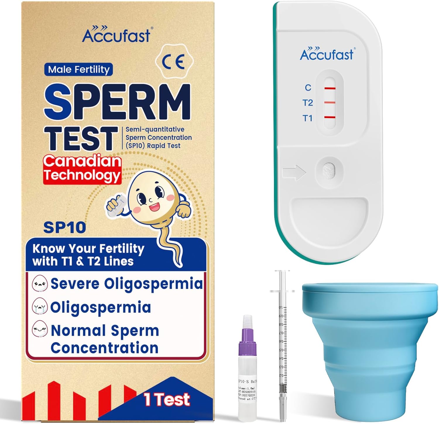 Male Fertility Kit – Sperm Test SP10 Rapid Home Test for Sperm Concentration with T1/T2 Lines: Severe Oligospermia, Oligospermia, Normal | CE Certified | Silicone Cup | Canadian Lab Tech