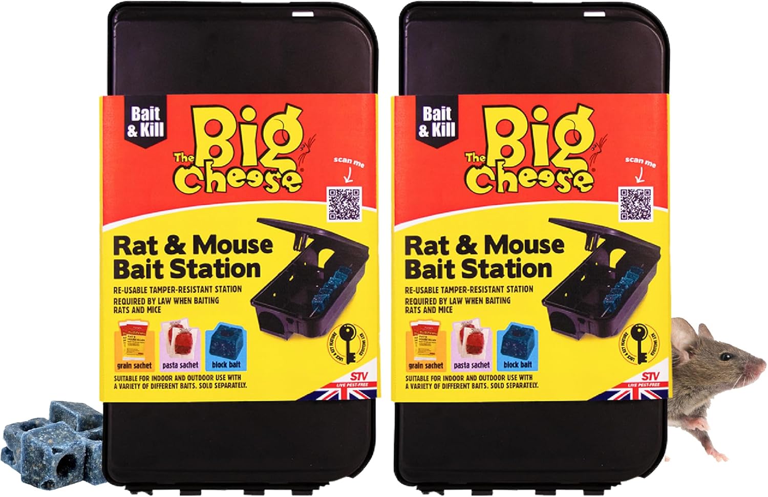 The Big Cheese Rat & Mouse Bait Station - Reusable Tamper-Resistant & Weather-Proof Rat Bait Box for Rat Poison - Lockable Lid, Compatible with Various Baits - For Indoor & Outdoor Use, Multi Pack X2