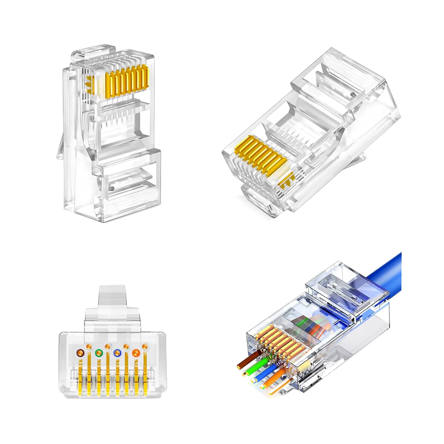 CAT6 Pass Through RJ45 Connectors End Plugs 25 Pack 8P8C 24AWG Ethernet Network Lan Flat Round Cable STP FTP Crimp Modular Gold Plated Connector CTA5e CAT5