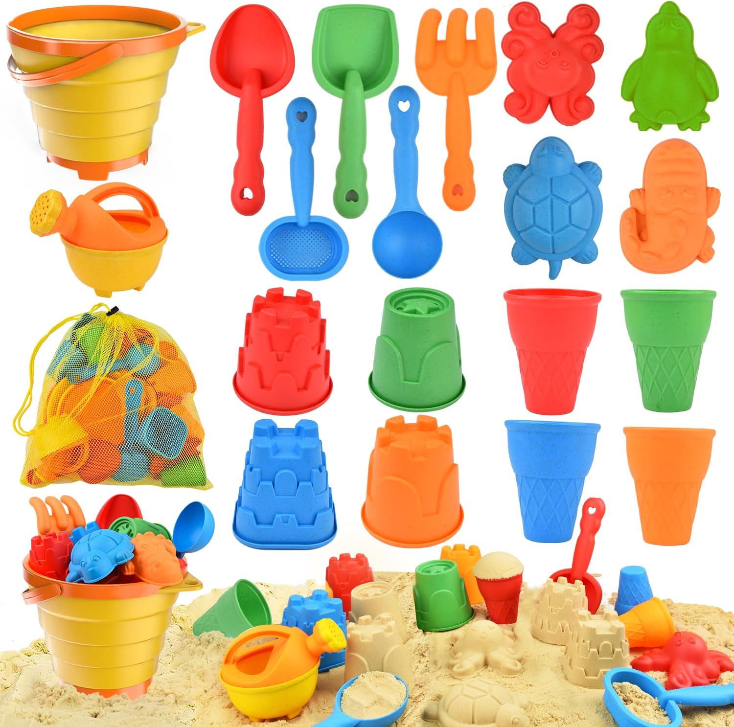 Beach Toys Set for Kids, Collapsible Sand Bucket and Shovels Set with Watering Can,Mesh Bag, Ice Cream &Animal Sand Molds,Travel Beach Toys for Toddler Boys Girls Age 3 4 5 6 7 8+