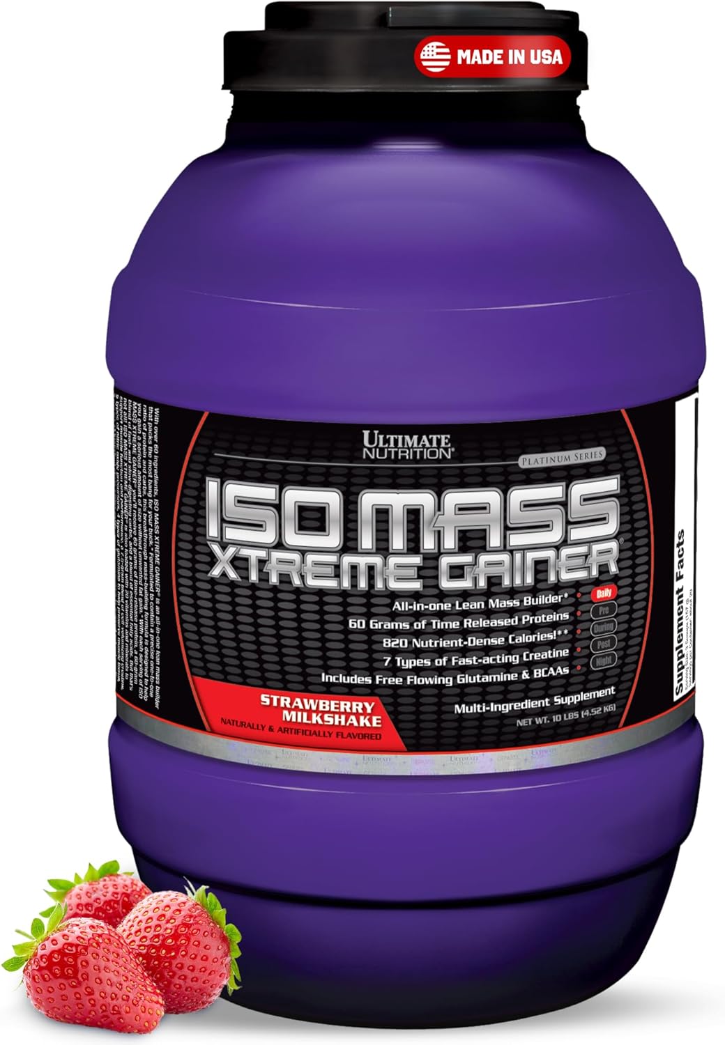 Ultimate Nutrition ISO Mass Xtreme Gainer - High-Calorie Mass Gainer with Creatine & Whey Isolate Protein Powder for Weight Gain, Lean Muscle Mass, Bulk Supplement - Strawberry Milkshake, 10lbs