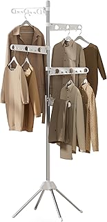 Clothes Drying Rack Foldable, 70.9 inch Tripod Drying Rack for 35 Pieces of Clothes, with Height-Adjustable Rotatable Clothes Rails, Space Saving, Stainless Steel, White and Silver CDR005W01