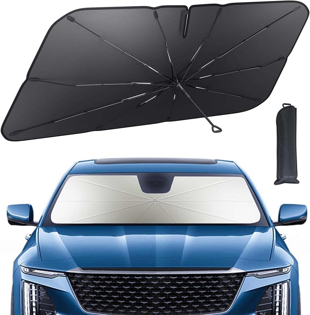 Lamicall Car Windshield Sunshade Umbrella – 5-Layer UV Block, 10-Rib Fiberglass Frame for Heat Insulation, 57"x33" Front Window Interior Sun Protection, for Medium Sedan, SUV Windshield