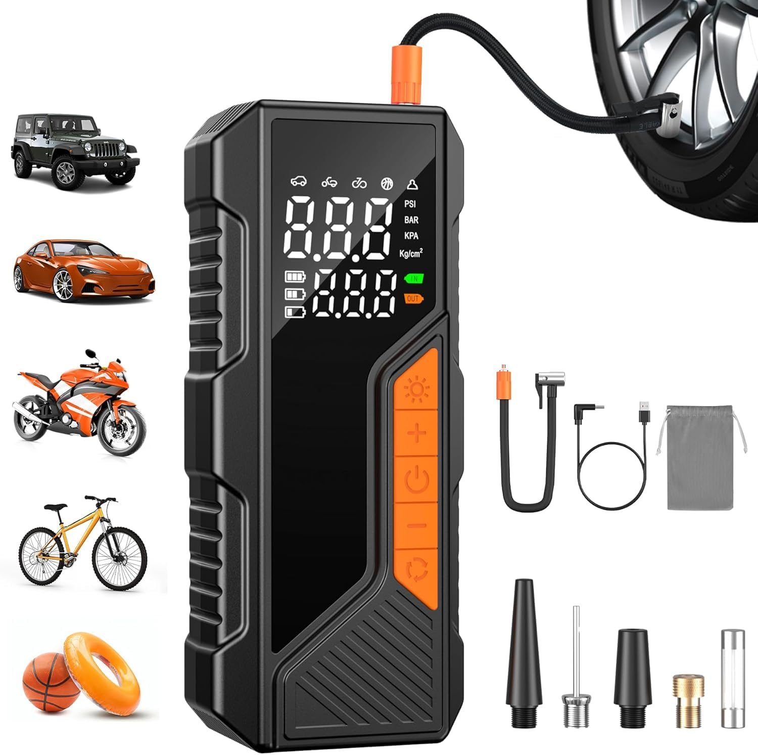 Cordless Tyre Inflator 150PSI, Portable Air Compressor with Digital Display & LED Light, Rechargeable Electric Pump for Car, Bike, Motorcycle & Inflatables