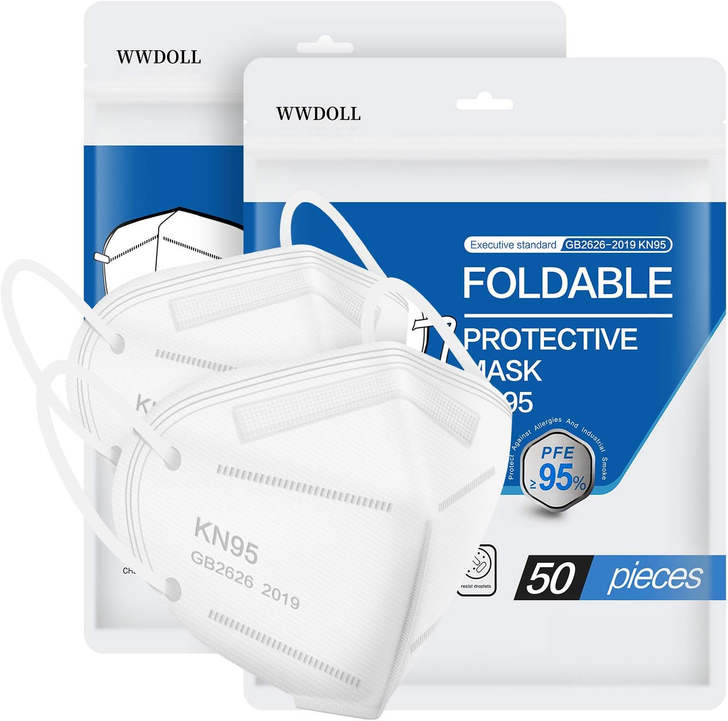 WWDOLL KN95 Face Mask - 100 Pack White KN95 Mask 5-Layer Breathable Mask, KN95 White Masks Protection for Adult, Indoor, Outdoor Use