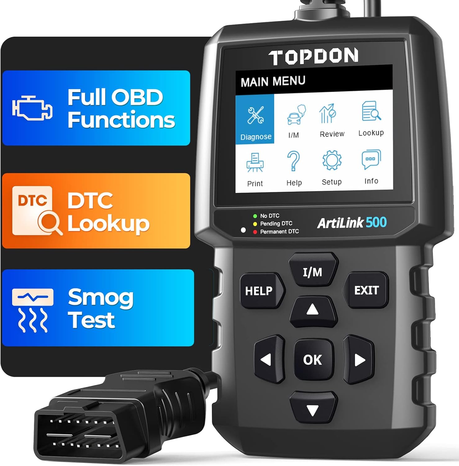 TOPDON AL500 OBD2 Code Reader with Full OBD2 Functions, Universal Car Diagnostic Tool OBD Scanner for All Cars with 2.8＂TFT Display, Free Update, DTC Lookup, Print via PC, Built-in Help Menu, Black