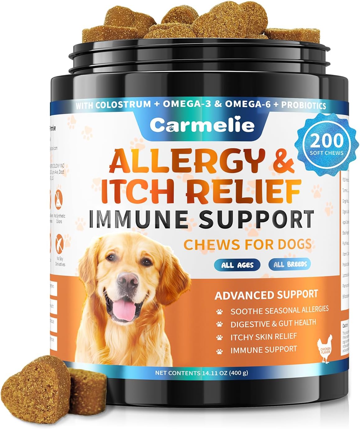 Carmelie Itchy Dog Skin Relief 200 Chews - Anti Itch Treats for Dogs - Omega 3 Probiotics for Dog - Itchy & Paw Licking Allergy Relief, Seasonal Allergies, Skin & Coat Support (Chicken)