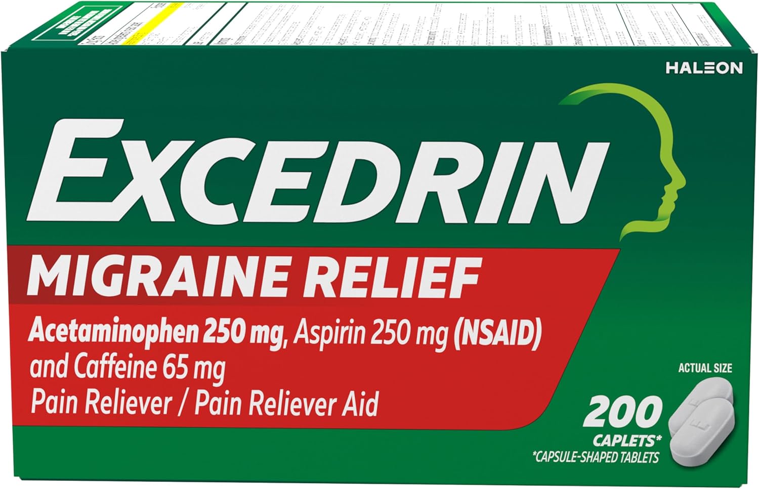 Excedrin Migraine Relief Caplets for Migraine Symptoms, Acetaminophen 250mg, Aspirin 250mg, Caffeine 65mg, Pain Reliever, 200 count