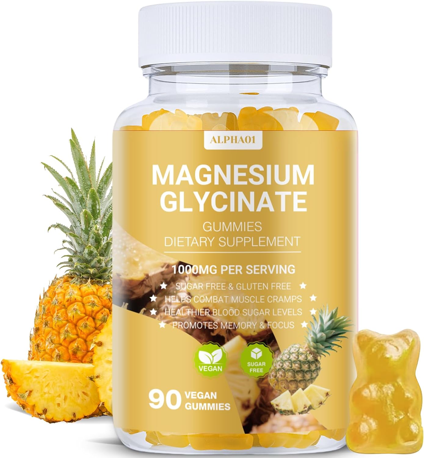 ALPHA01 Magnesium Glycinate Gummies 1000mg, Non-GMO, Gluten-Free, Magnesium Supplement Gummies for Adults & Kids, Sleep, Relaxation & Focus, Pineapple Flavor, 90 Count