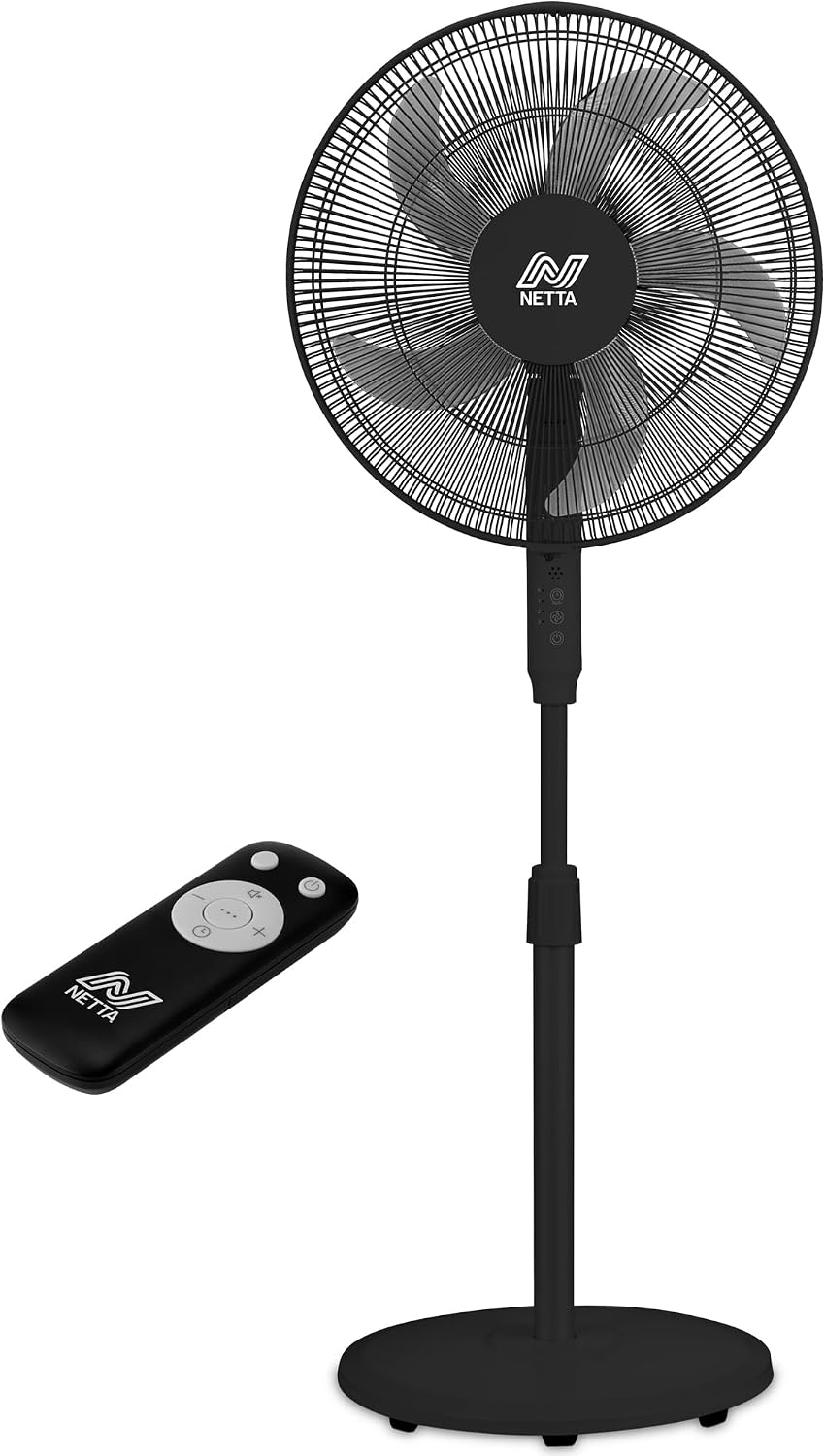 NETTA 16 Inch Pedestal Fan with Remote Control - 40W Oscillating Standing Floor Fan with 7-Hour Timer & 3 Speed Settings - 1.3m Adjustable Height Electric Fan for Bedroom & Home Office - Black