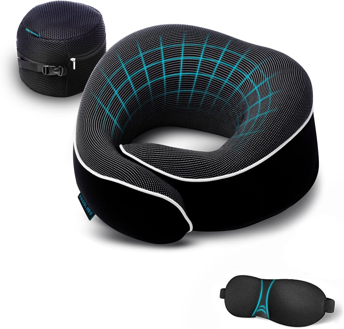 Proglobe Travel Pillow, Memory Foam Neck Pillow Set, Orthopedic Pillow, Travel Essentials for Flying, Kit with 3D Contoured Sleep Mask and Luxury Mesh Bag (Black)