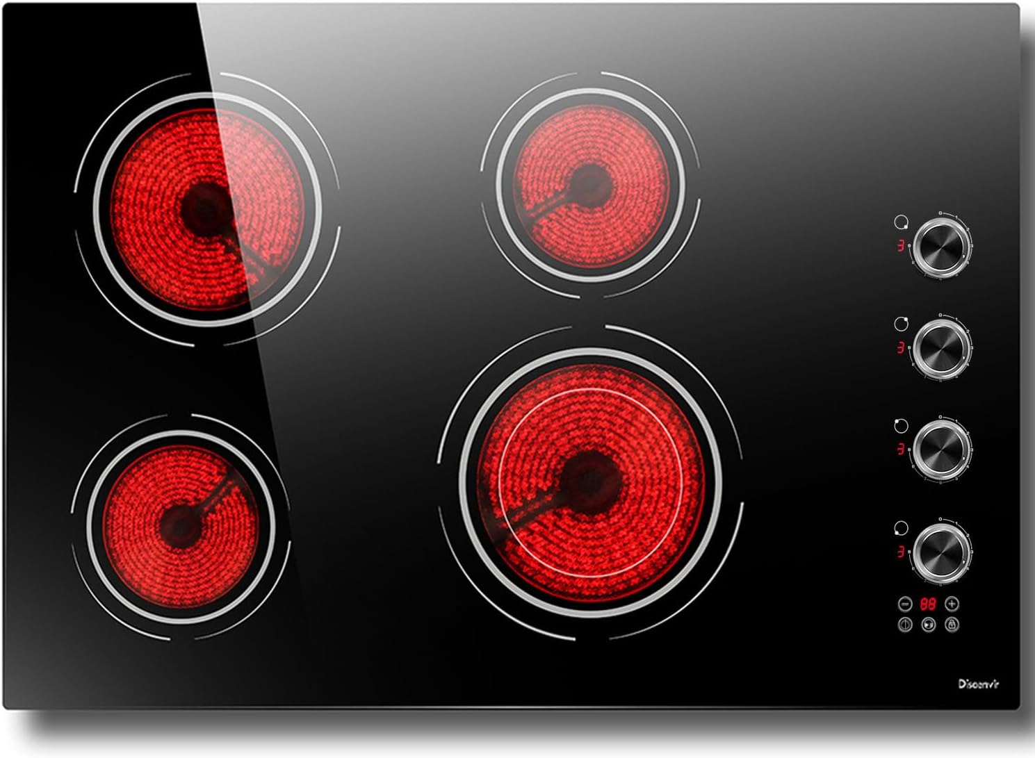 30 Inch Electric Cooktop 4 Burner - Built-in Ceramic Stovetop 6700W, 30" Glass Electric Cook Top with Timer, Safety Lock, Pause, Dual Ring, 220V - 240V Hard Wire, No Plug (Black-Sliver Knob)