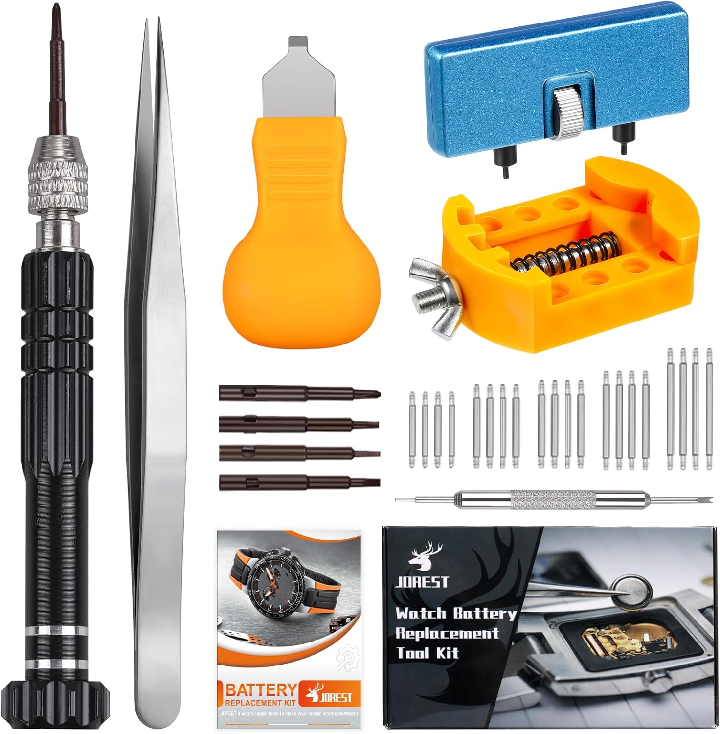 JOREST Watch Battery Replacement Kit, Watch Repair Screwdriver, Watch Band Replacement tool, Watch Wrench Back Remover, Watch Case Opener, Watch Back Remover Holder, Spring bar, Tweezers