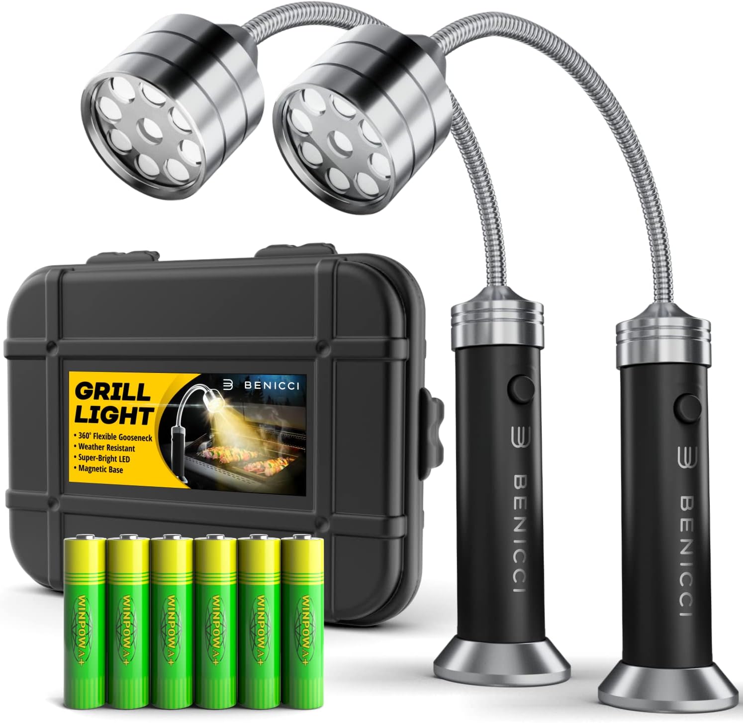 Flexible LED BBQ Grill Lights Set of 2 - The Perfect Grilling Accessories Light with 360-Degree Magnetic Base and Gooseneck - 100% Portable Weatherproof Outdoor Lamp w/ 6 Batteries Included