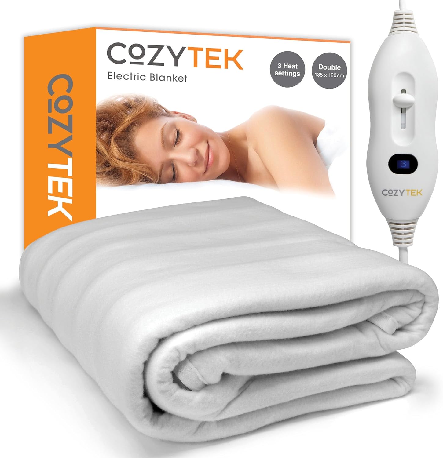 Cozytek Double Electric Blanket 135 x 120cm, Soft Polyester Electric Blanket Fitted Underblanket Mattress Cover, 3x Heat Settings, 1x Controller and Machine Washable Heated Blanket