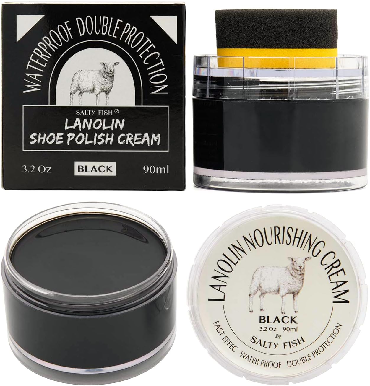 SALTY FISH Shoe Polish Cream 3.2Oz, Lanolin Shoe Polish Kit with Shoe Shine Sponge, Condition Waterproof Restore Shoe Boot