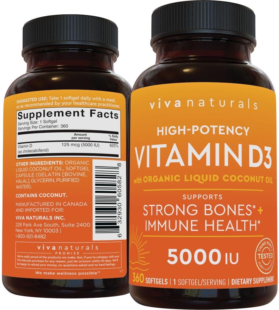 Viva Naturals Vitamin D3 5000 IU Softgels - 360 Count 125 mcg Softgel, Essential D3 Vitamin, Supports Bone Health, Immune Support, Premium Vitamin D, High Potency Vitamin D 5000 IU