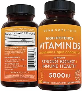 Viva Naturals Vitamin D3 5000 IU Softgels - 360 Count 125 mcg Softgel, Essential D3 Vitamin, Supports Bone Health, Immune Support, Premium Vitamin D, High Potency Vitamin D 5000 IU