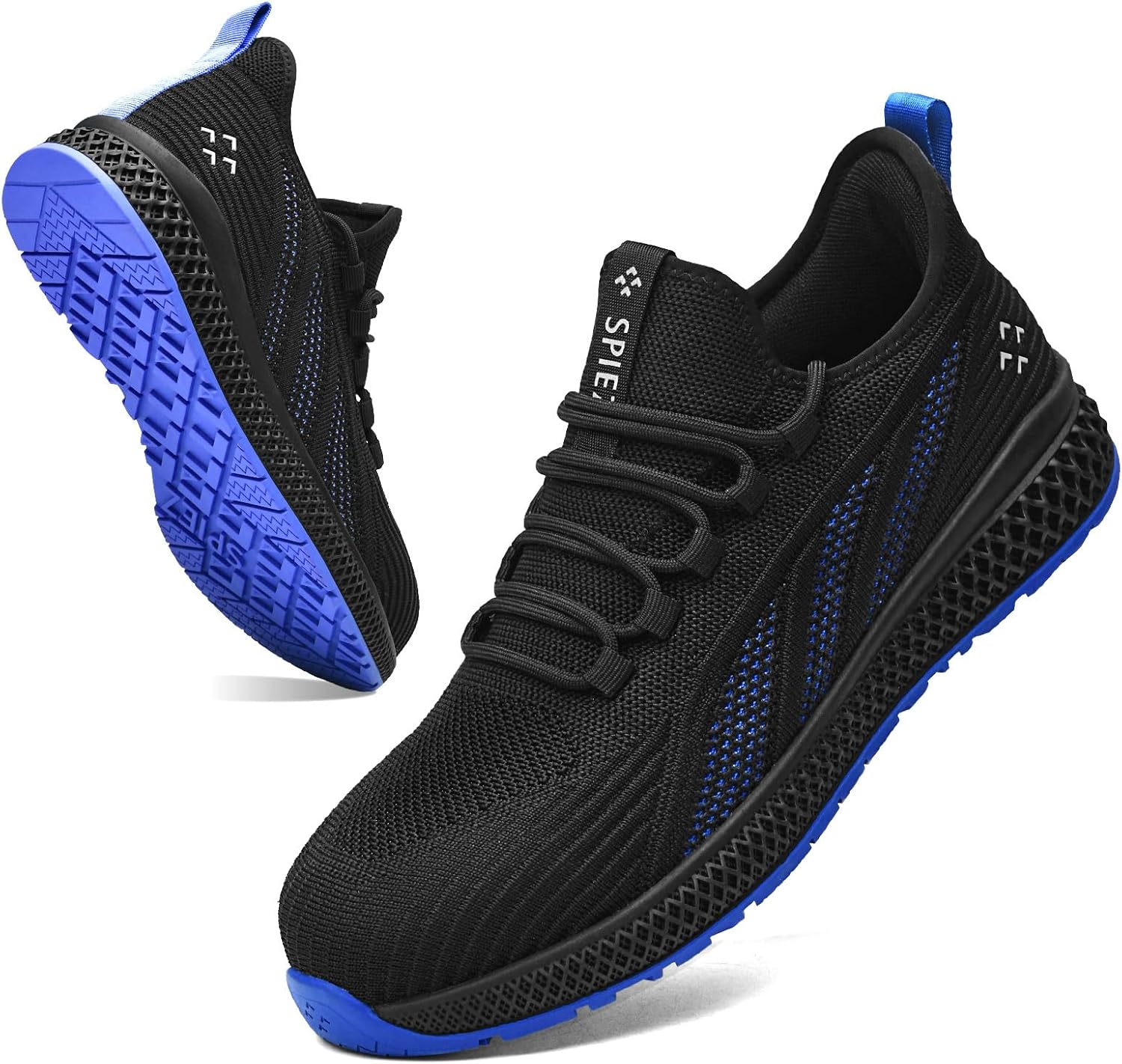 SPIEZ Safety Shoes for Men Women,Lightweight Work Sneakers with Breathable Mesh, Composite Toe, Non-Slip Sole, Easy Pull-On Design.Ideal for Construction, Warehouse & Daily Use, Black/Blue