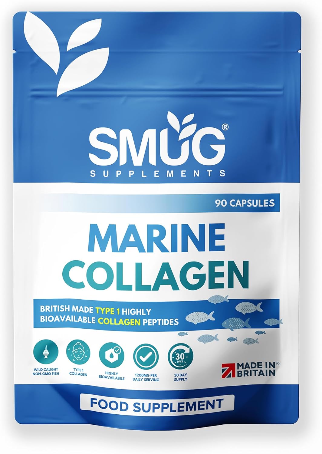 Marine Collagen British Made by SMUG Supplements - 90 Capsules - Type 1 Peptides - 1200mg Daily Serving of Collagen Powder in Three-a-Day Capsules - 30 Day Supply - Suitable for Both Men and Women
