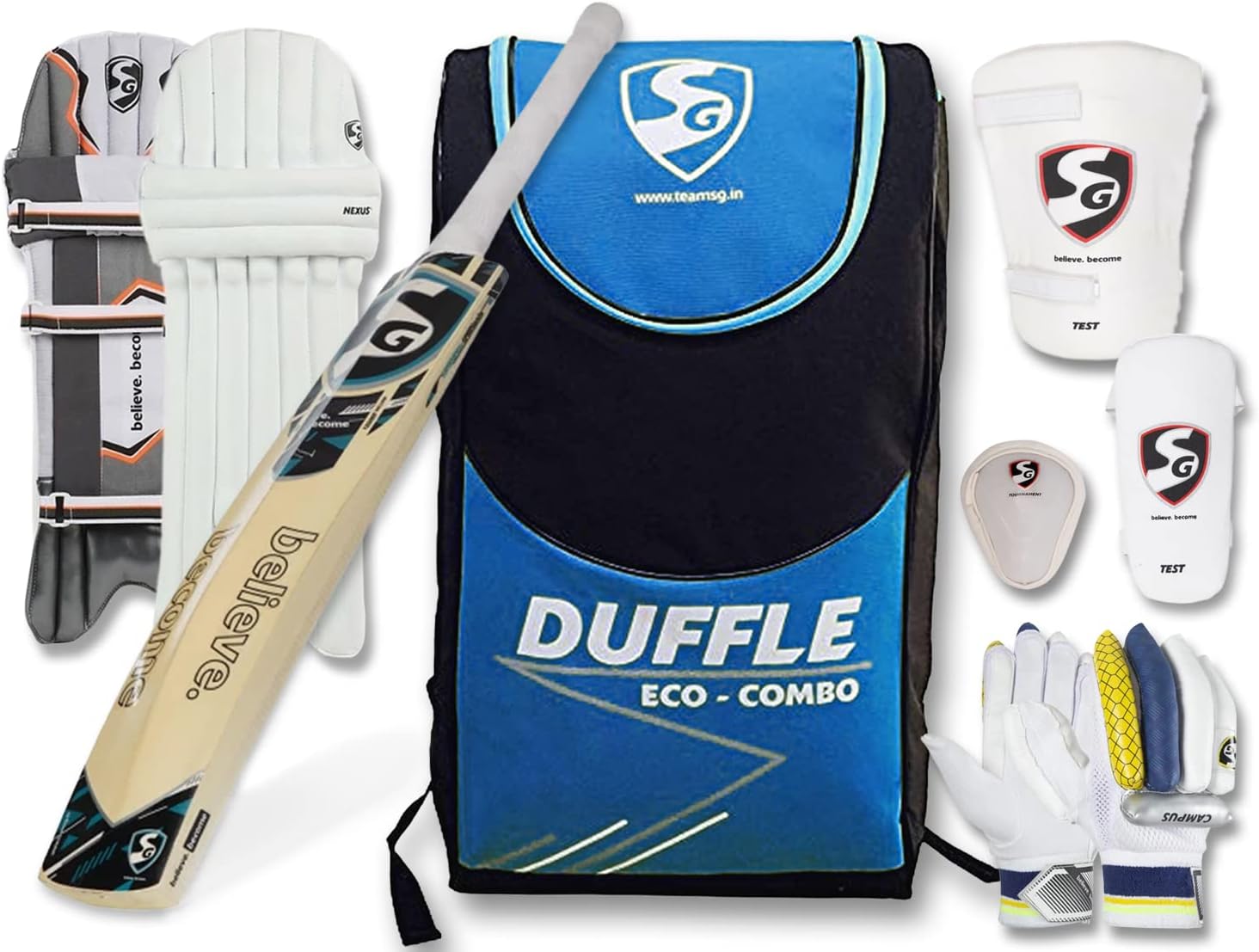 SG Eco Duffle Kashmir Willow Full Cricket Kit, Black/Blue - Size 4