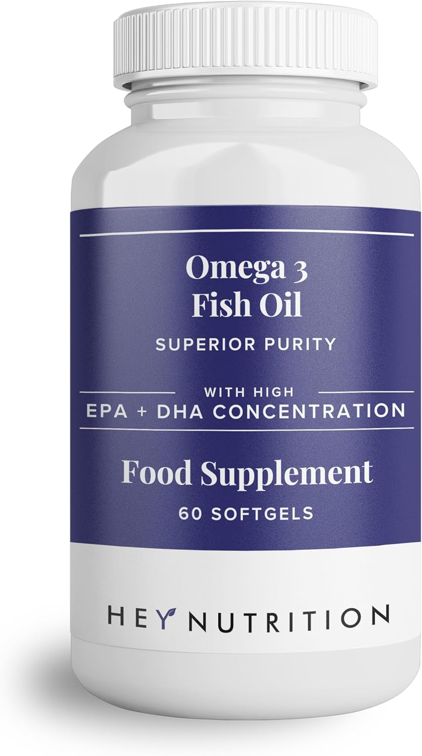 Hey Nutrition Pure Omega-3 Fish Oil 2000mg with Vitamin E - High EPA + DHA Concentration - Maintains Heart, Joint, Brain & Immunity Support - UK Manufactured - Non-GMO - 60 Softgels
