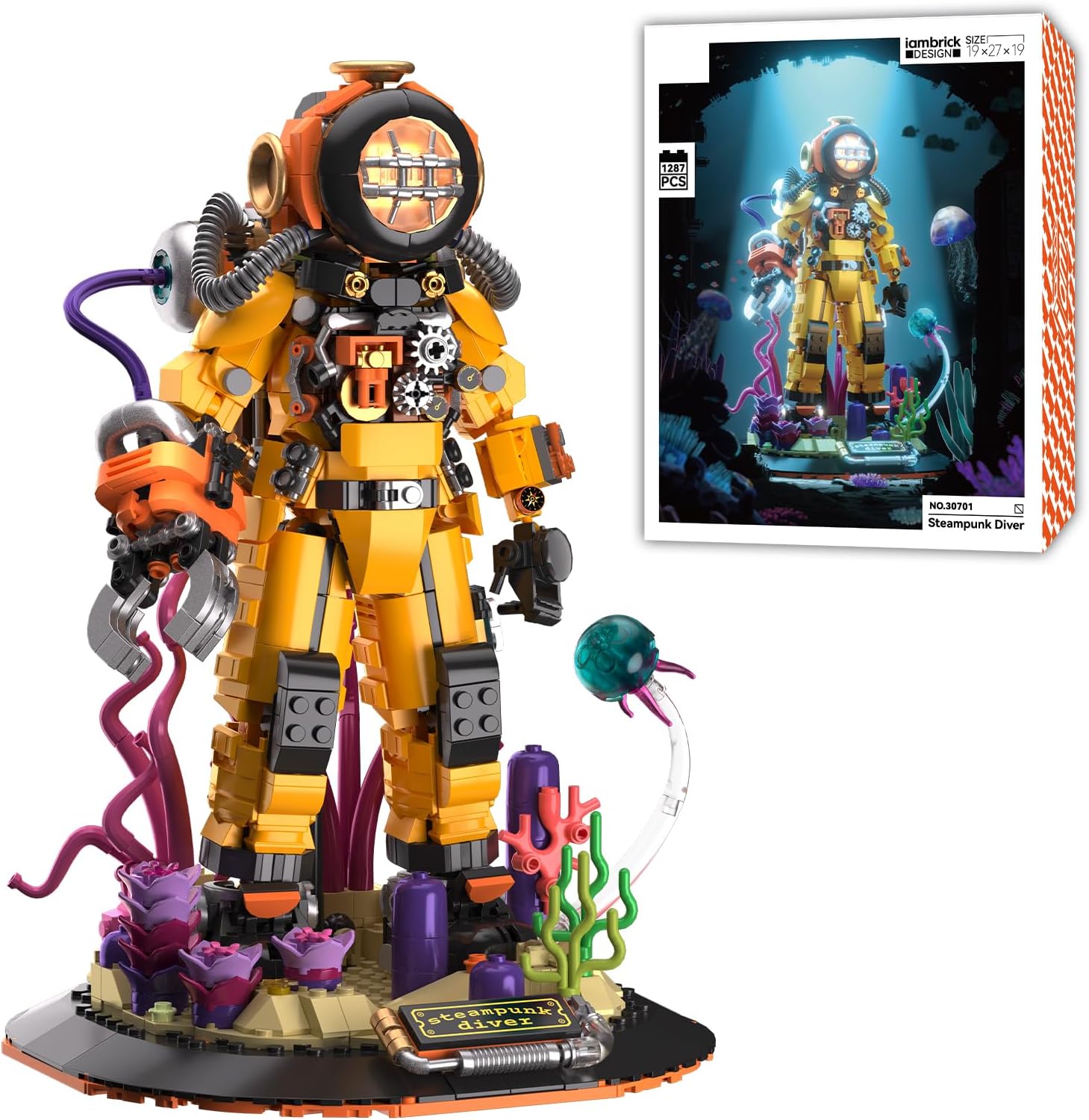 Mechanical Diver Building Set with LED Light, 1287 PCS Steampunk Model Building Kits with Deep Sea Scene Display, STEM Building Blocks, Gift for Adults Men Teens Kids 8+