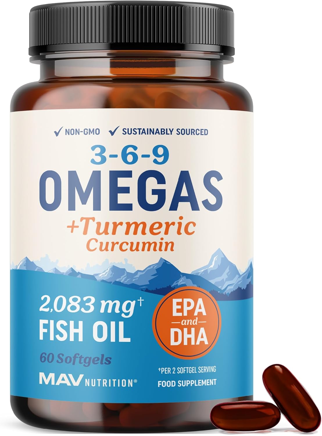 Omega 3 6 9 + Turmeric Curcumin Supplement | EPA & DHA Fish Oil + Turmeric Curcuma | Mobility, Cognitive & Heart Health Support | Triple Omega with Curcumin Supplements | Non-GMO | 60 Softgels