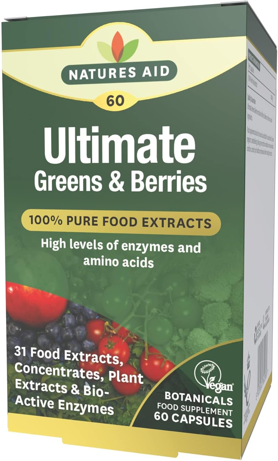 Natures Aid Ultimate Greens & Berries Capsules - Mix of 31 Fruits Berries Vegetables Mushrooms Phytonutrients and Plant Bioactive Enzymes & Amino Acids - Vegan Vegetarian Gluten Free - 60 Supplements