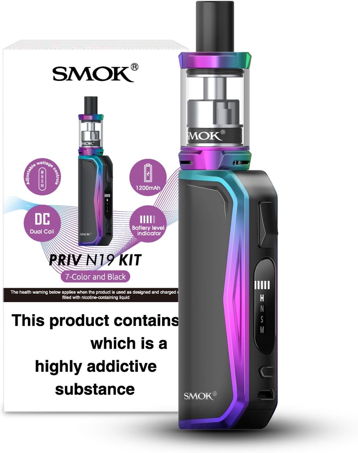 SMOK PRIV N19 Vaping Kit, Sleek, Compact, Powerful, Wide Range Wattage, Long Lasting, Works With Nord Coils, 2mL, E Cig, E Cigarettes, SMOK Vaping, Starter Kit, No Nicotine (Rainbow Black)