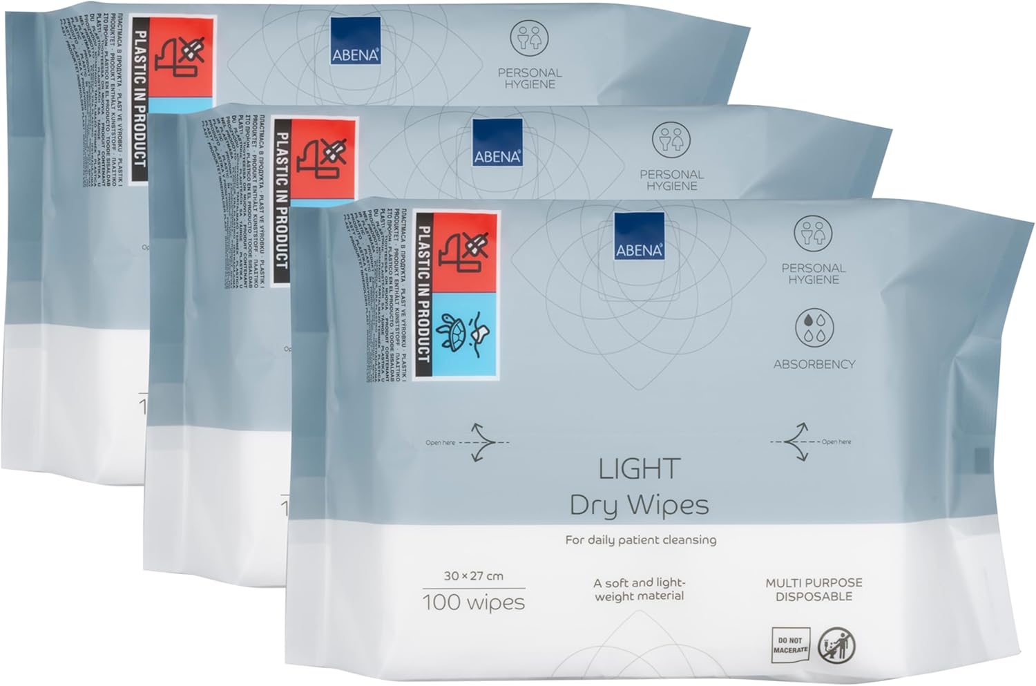 ABENA Light Dry Wipes, 3 Packs of 100 Wipes, 30 x 27cm, Absorbency Level 1, Multifunctional Cleansing, Easy & Effective Everyday Cleaning, Disposable Towels
