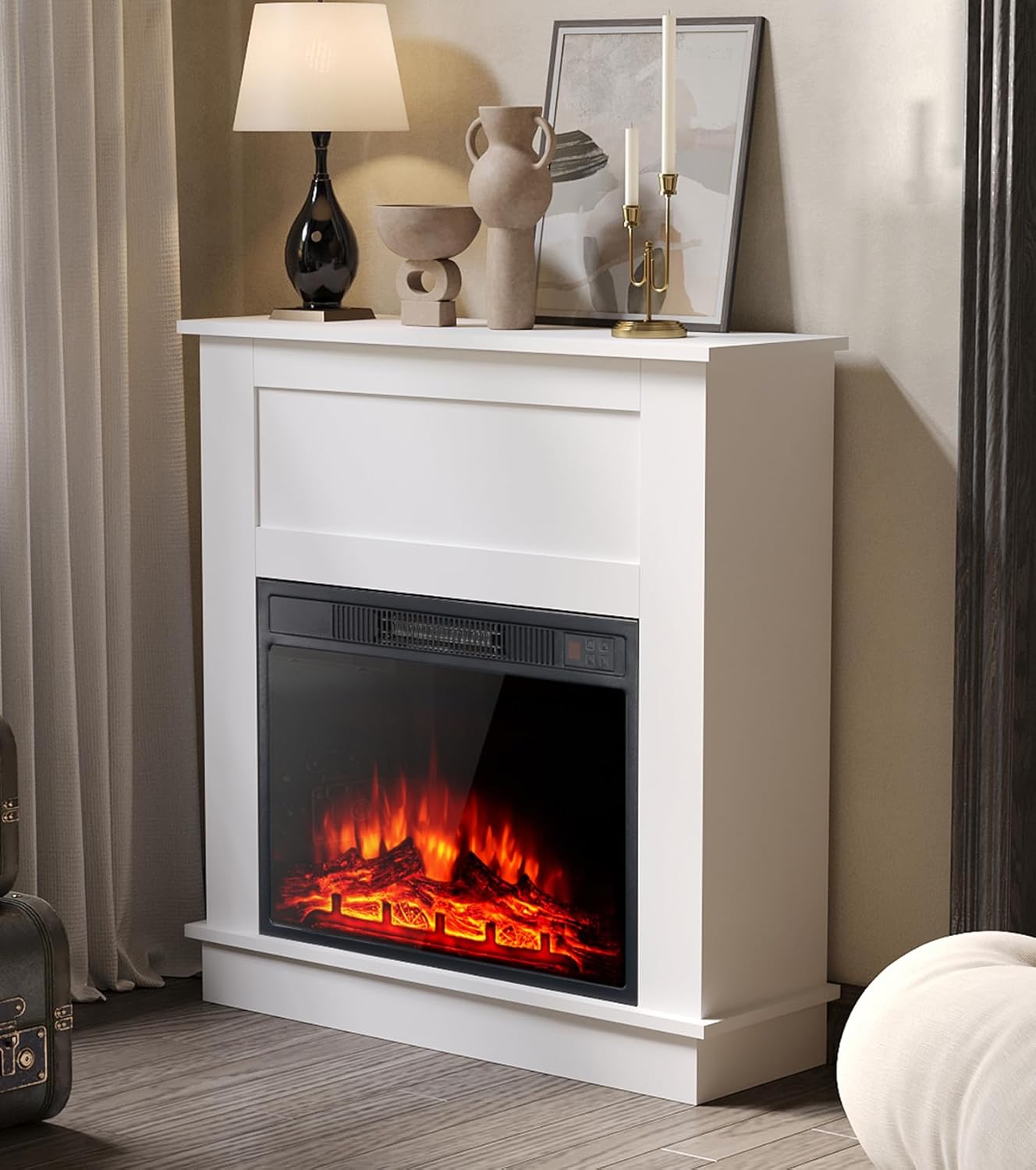 M.C.Haus Electric Fireplace with Mantel Shelf, 23”/58cm Fireplace Inserted, Freestanding Heat Set, Adjustable Temperature and Flame Effect, Open Shelf and Tabletop, Engineer Wood Finish, White…