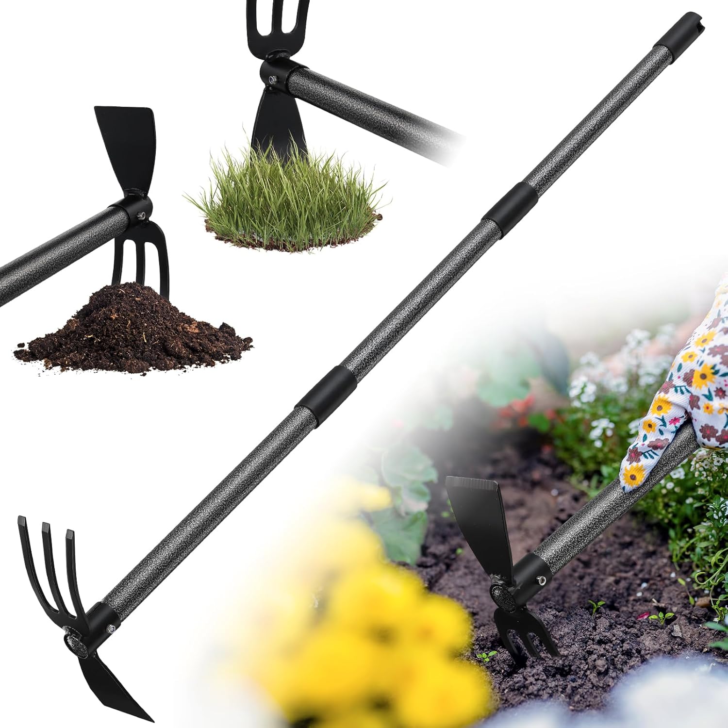Hoe Garden Tool - Heavy Duty 2 in 1 Weed Hoes with Tiller Cultivator Rake,60 Inch Garden Hoe Long Handle for Weeding,Hand Weeder Tools for Indoor Outdoor Gardening,Planting