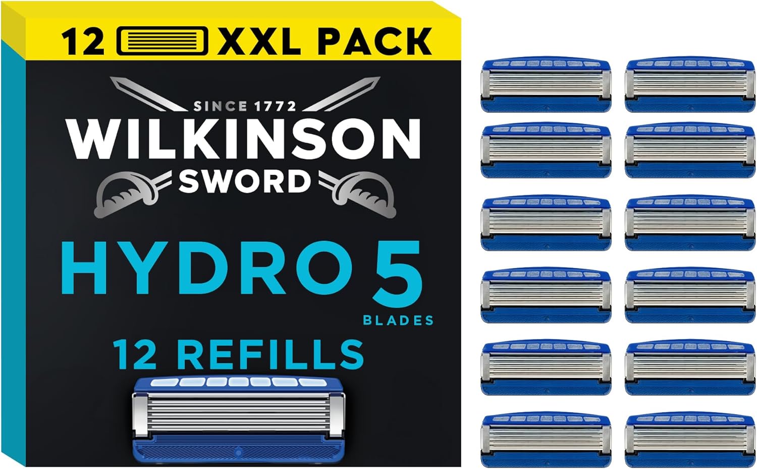 Wilkinson Sword Hydro 5 Men’s Razor Refills, Great Addition to Wash Bags for Men's Grooming, Great Shavers for Routine Shaving and Holidays, 12 Refill Razor Blades Pack