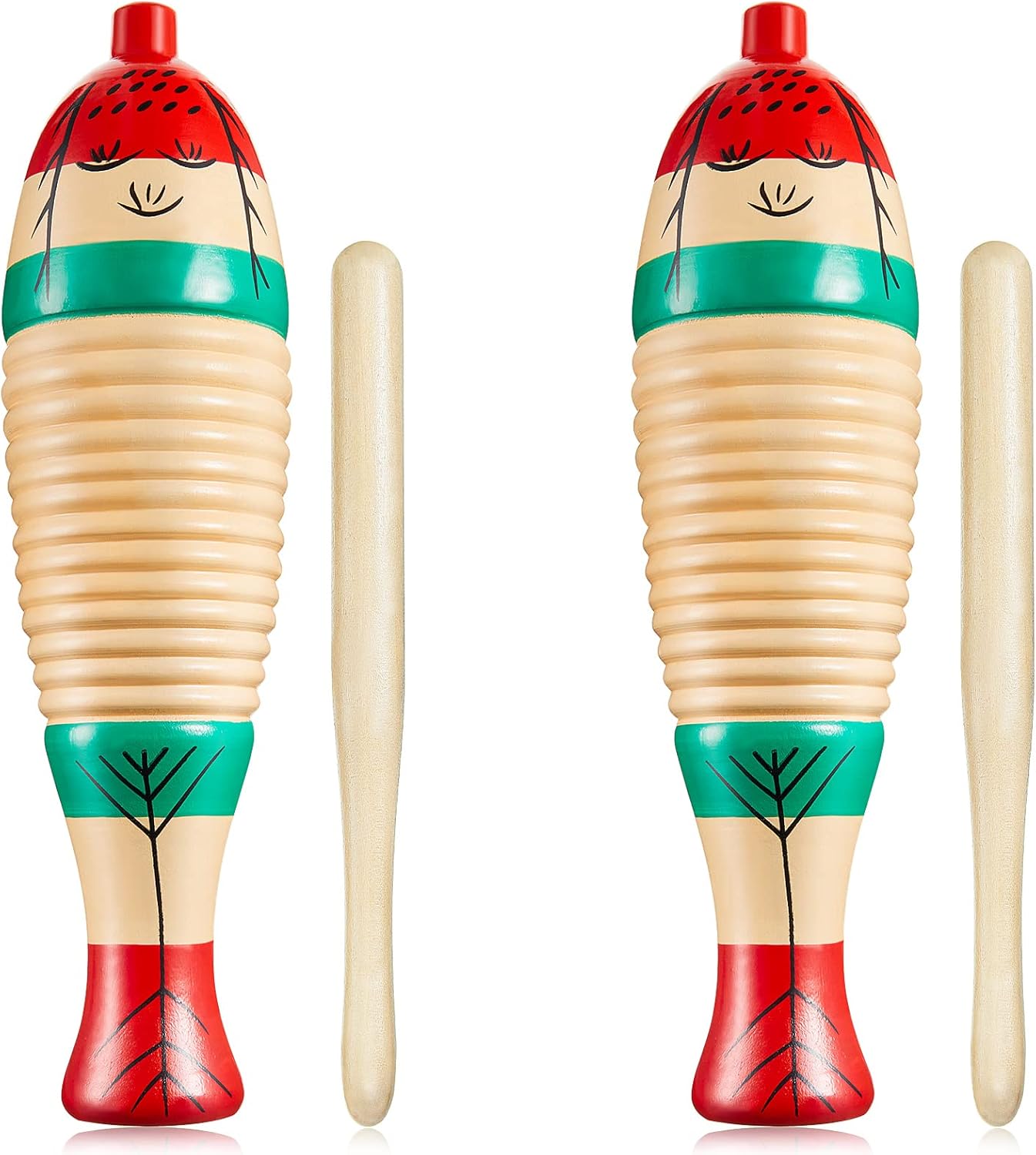 2 Pieces Colorful Fish Shaped Guiro Instrument Latin Percussion Musical Wooden Frog Instrument Musical Percussion for Adults Kids with Rhythm Sticks