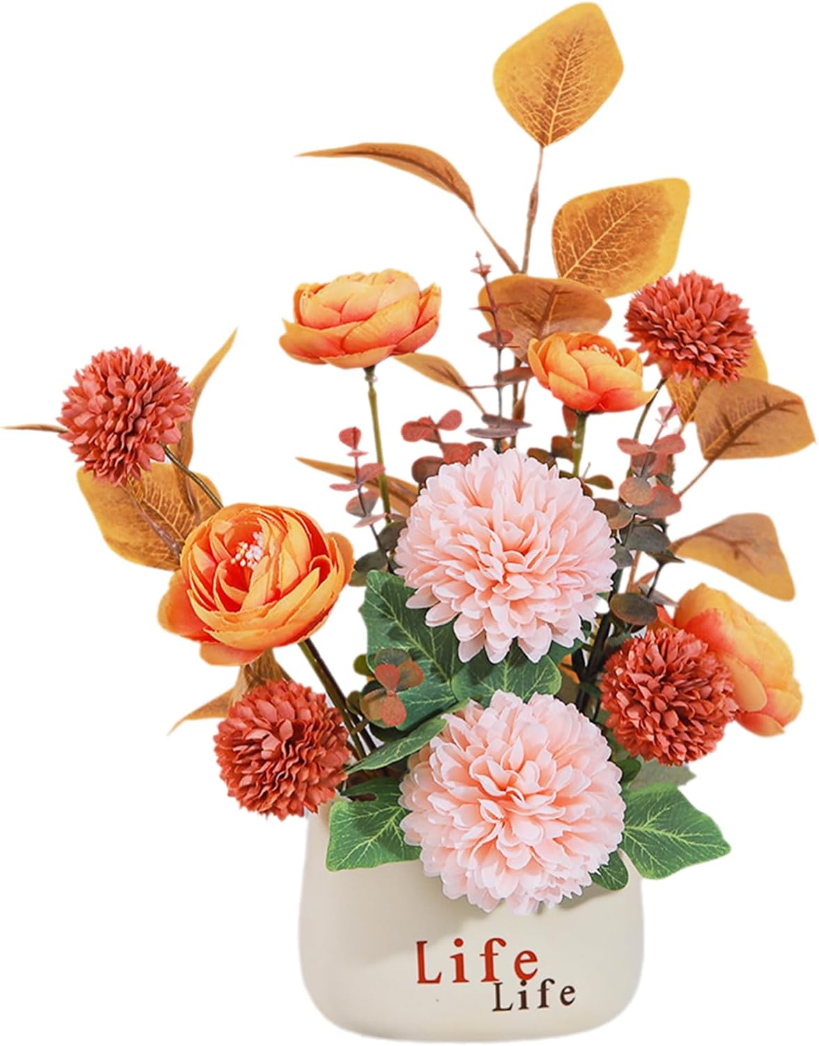 Artificial Flowers in Ceramic Vase, Plastic Flowers Home Decorations Fake Flowers for DIY Craft Wedding Dining Table Living Room Office Decoration (Orange)