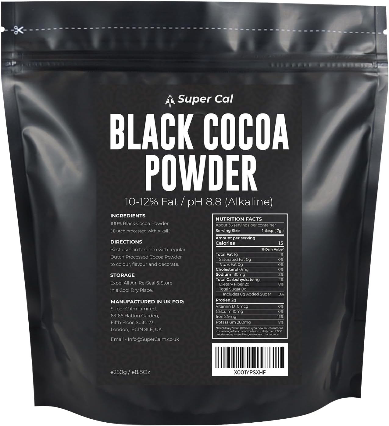 Black Cocoa Powder for Baking - 250g Pouch | Intense Deep Black Dutch Processed Unsweetened Cocoa Powder | pH 8.8 (Zero Bitterness) with 10-12% Fat | Super Cal